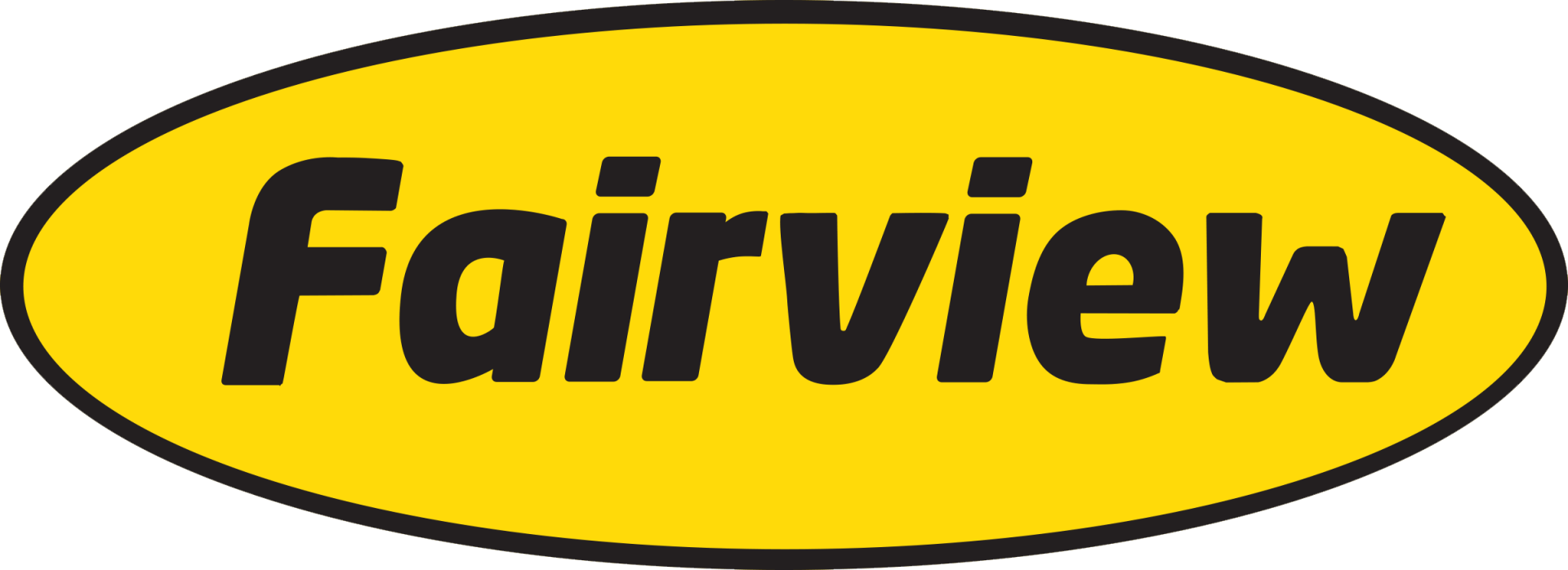 Logo for Fairview, black text on yellow oval.