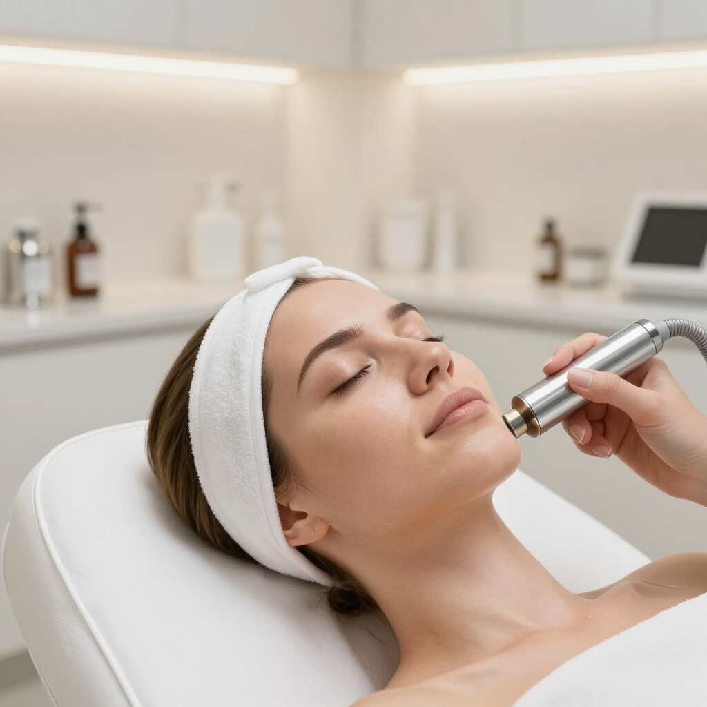 Mujer recibiendo un tratamiento facial con un dispositivo portátil en una luminosa sala de spa.