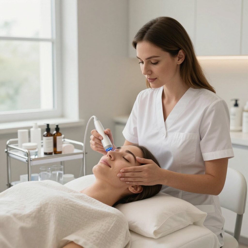 Esteticista aplicando un tratamiento facial a una clienta en una luminosa sala de spa.