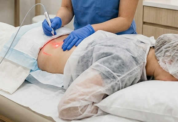 Procedimiento médico abdominal con sonda de ultrasonido y personal clínico con guantes en un entorno clínico.