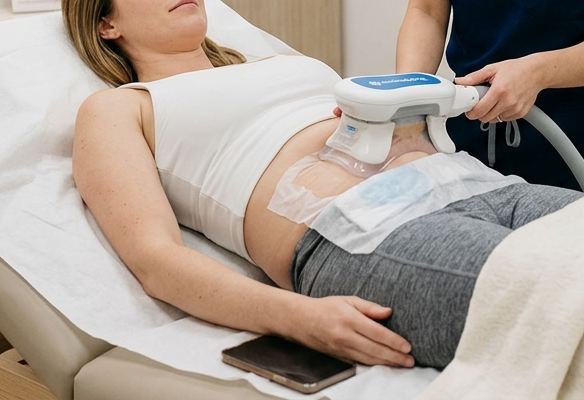 Sonda de ultrasonido sobre el abdomen de una mujer embarazada durante un examen prenatal.