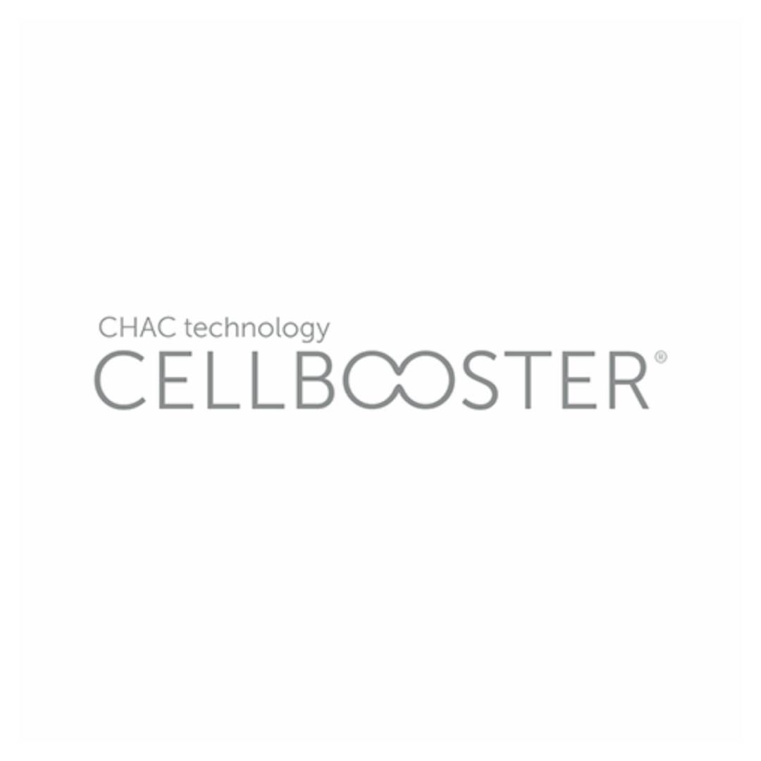 Logotipo de CHAC Technology CELLBOOSTER en gris claro sobre fondo blanco.