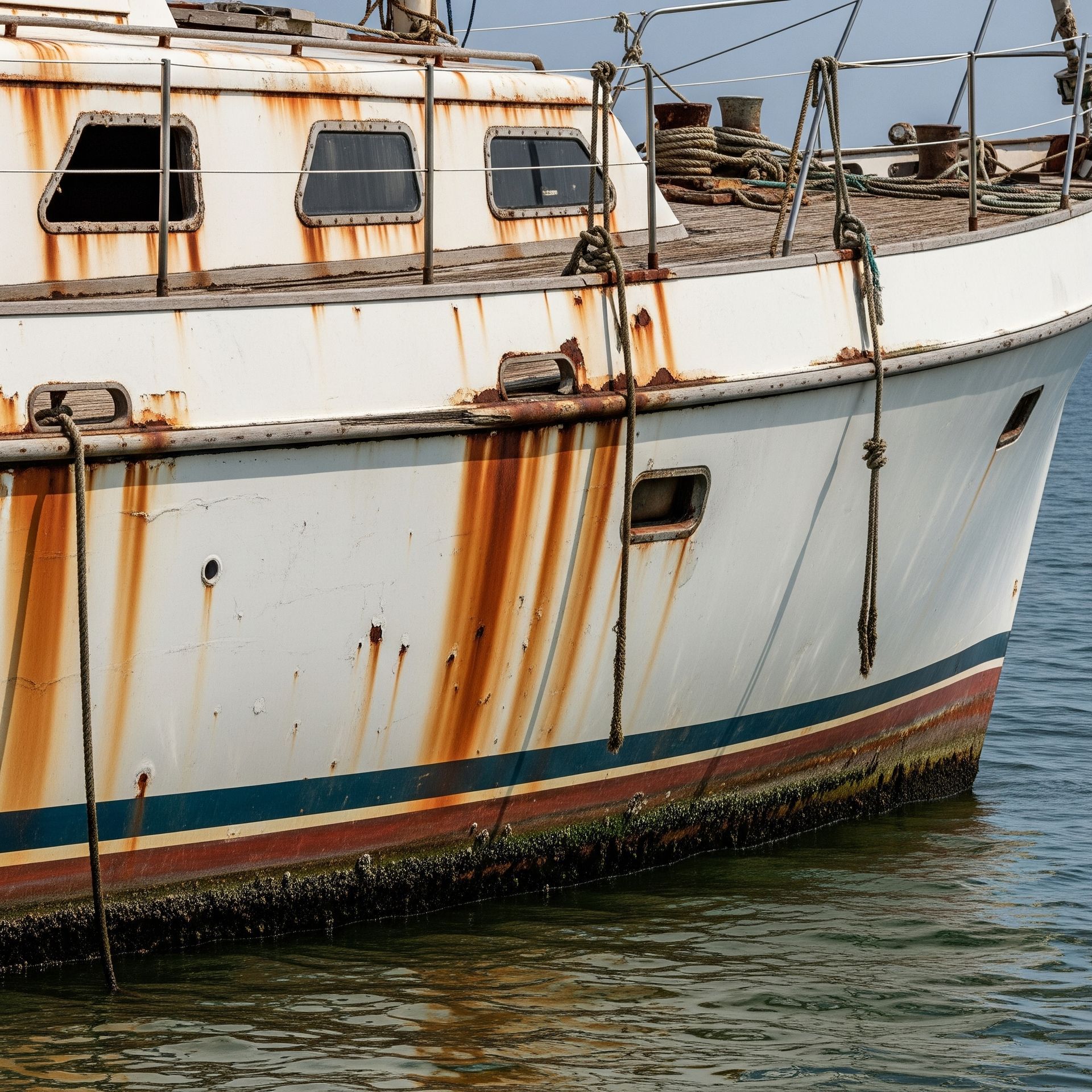 A white boat with visible rust streaks and algae buildup along the hull, showing common boat stains