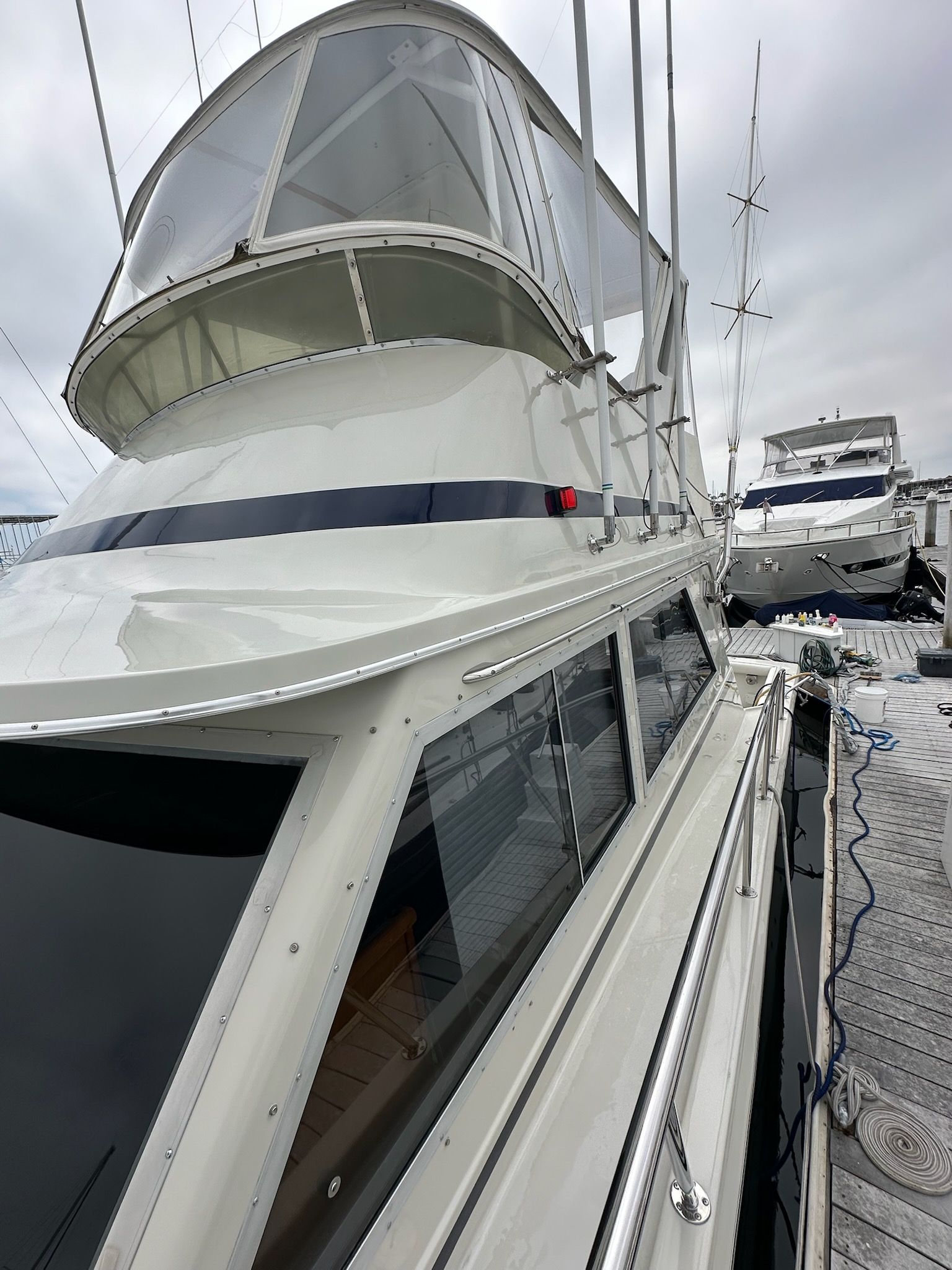 Detailed yacht cabin windows and polished white exterior