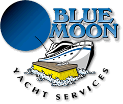 A logo for blue moon yacht services with a boat on a dock