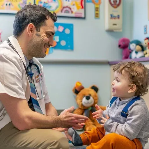 Doctor sitting on floor with young child.
