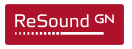 ReSound GN logo in a red rectangle, featuring white text and a dashed line with a solid line.