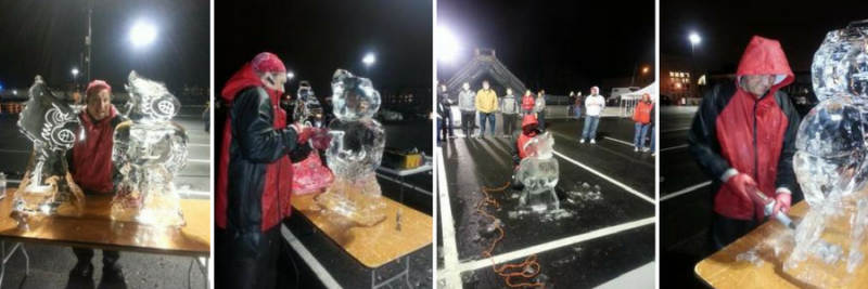 Four night photos of people washing and holding a red object in a wet outdoor area under bright lights