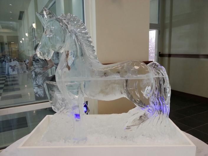Clear glass horse sculpture on a white base indoors, lit with subtle purple lights