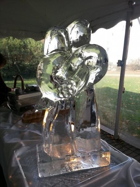Clear balloon sculpture on a table under a tent, with a park-like background.