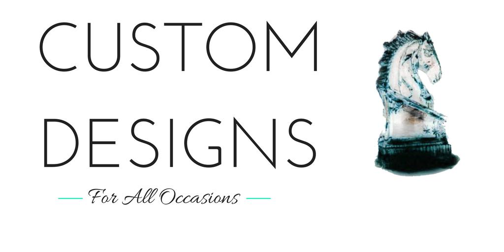 Custom Designs logo with a teal horse bust and elegant tagline on a white background