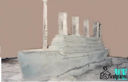 White Titanic model sculpture on a base, with four smokestacks against a plain pink background