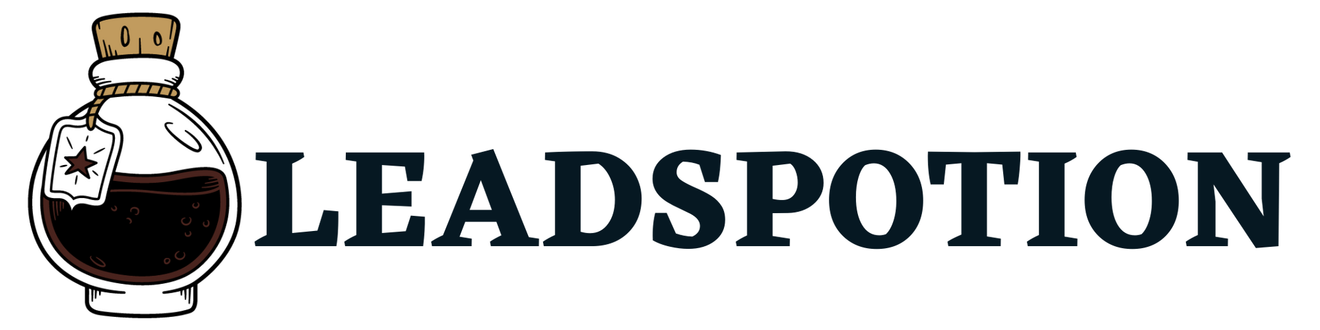 Logo LEADSPOTION avec une fiole noire contenant un liquide et une icône de bouchon beige sur fond blanc