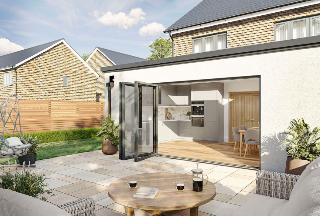 Shows a full external view of Aluminium Bifold Doors.