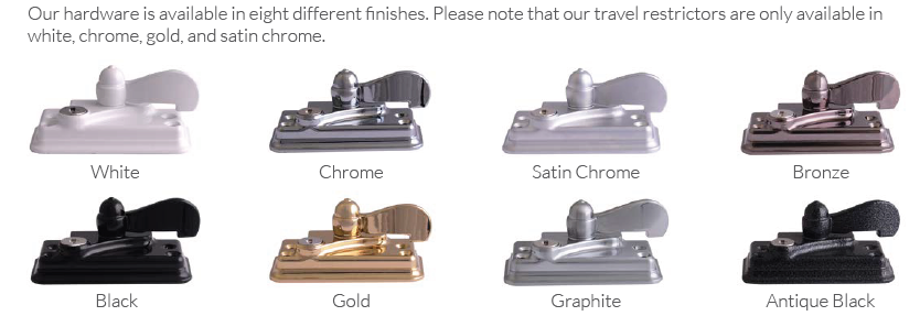 Showing the different finishes for Sliding Sash Window Accessories.