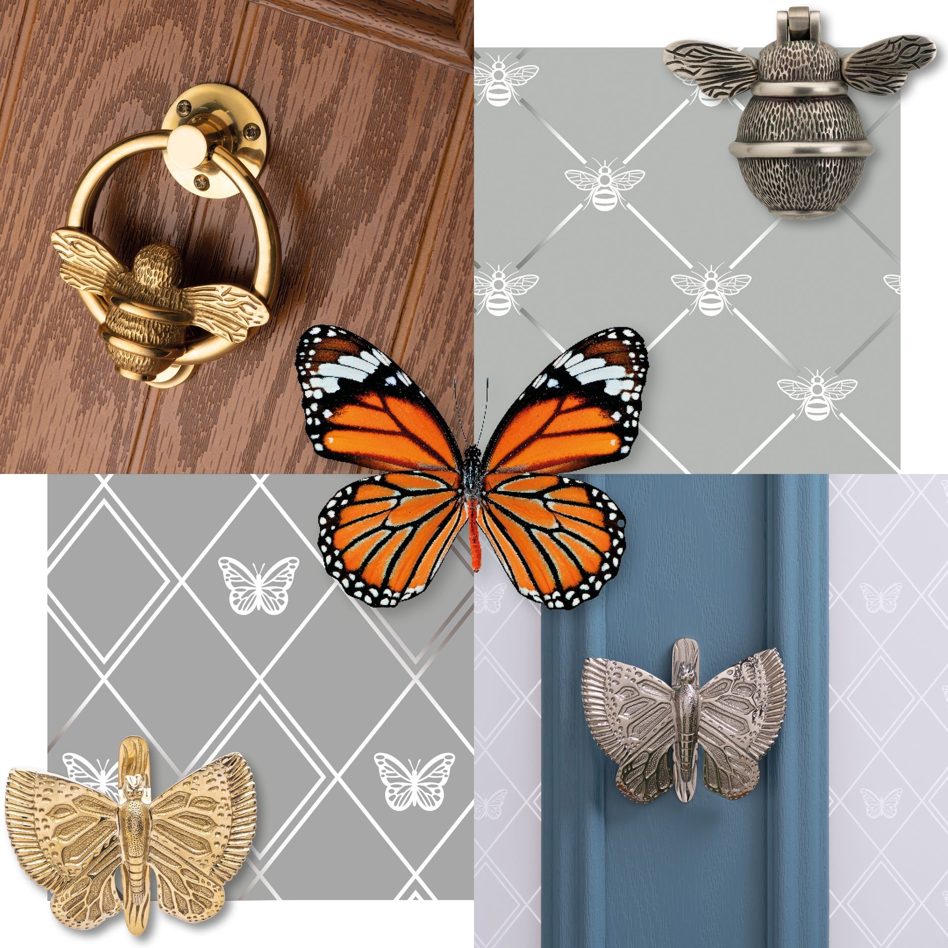 Butterfly and bee knockers for a composite door.