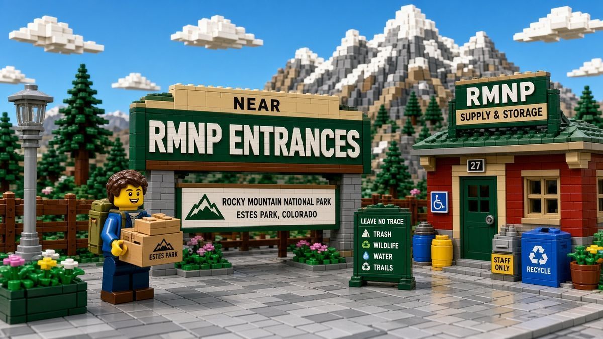 Lego-style mountain park entrance scene for drive-time storage near Rocky Mountain National Park