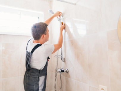 Person adjusting a showerhead in a tiled bathroom with a wrench
