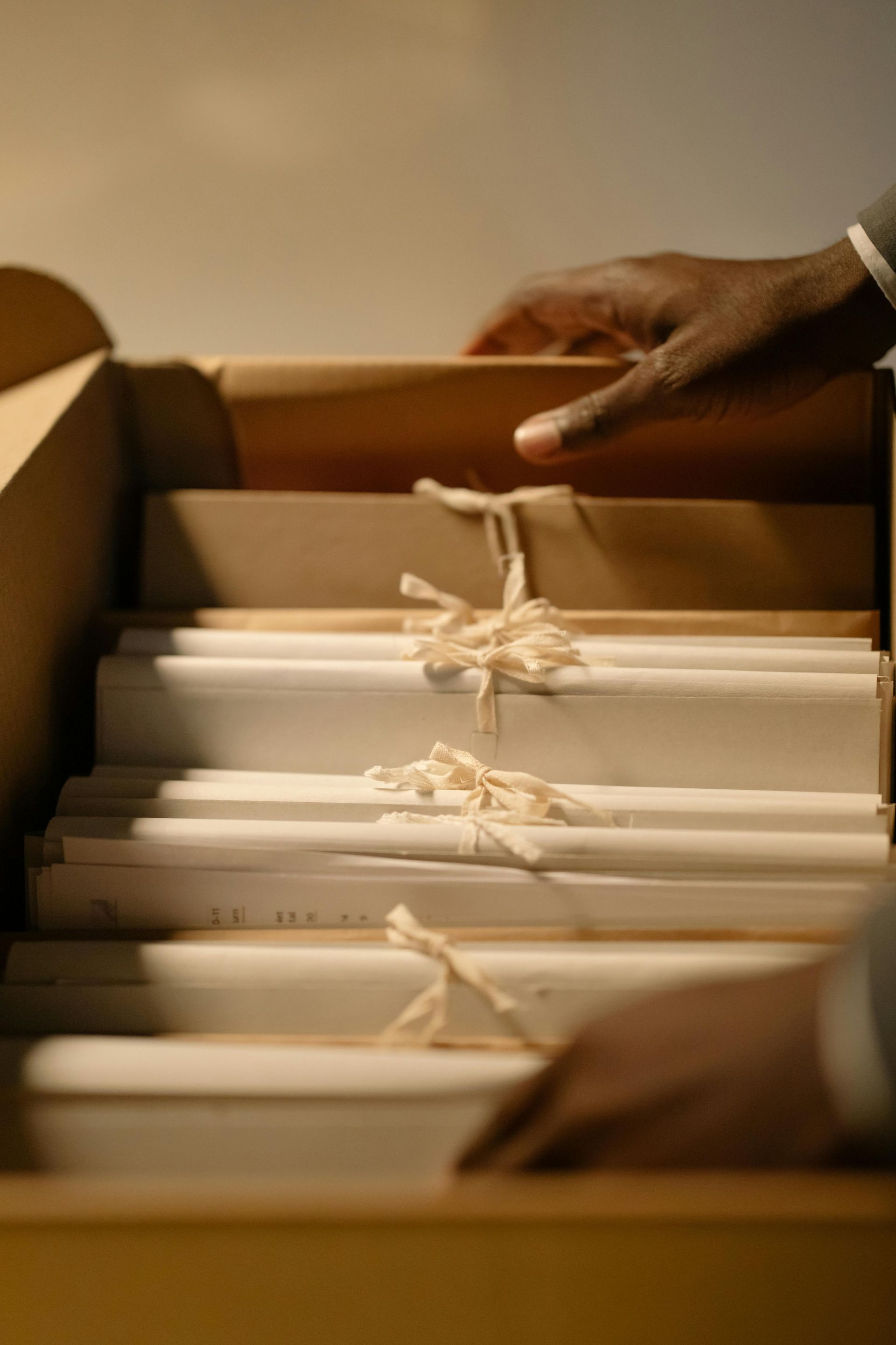 A person's hands reaching into a cardboard box filled with tied-up files.