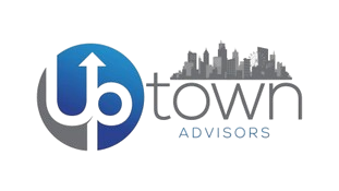 Logo for "Uptown Advisors" featuring a blue circle with an upward arrow and a gray city skyline silhouette.