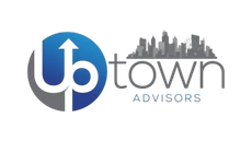 Logo for "Uptown Advisors" featuring a blue circle with an upward arrow and a gray city skyline silhouette.