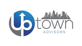 Logo for "Uptown Advisors" featuring a blue circle with an upward arrow and a gray city skyline silhouette.