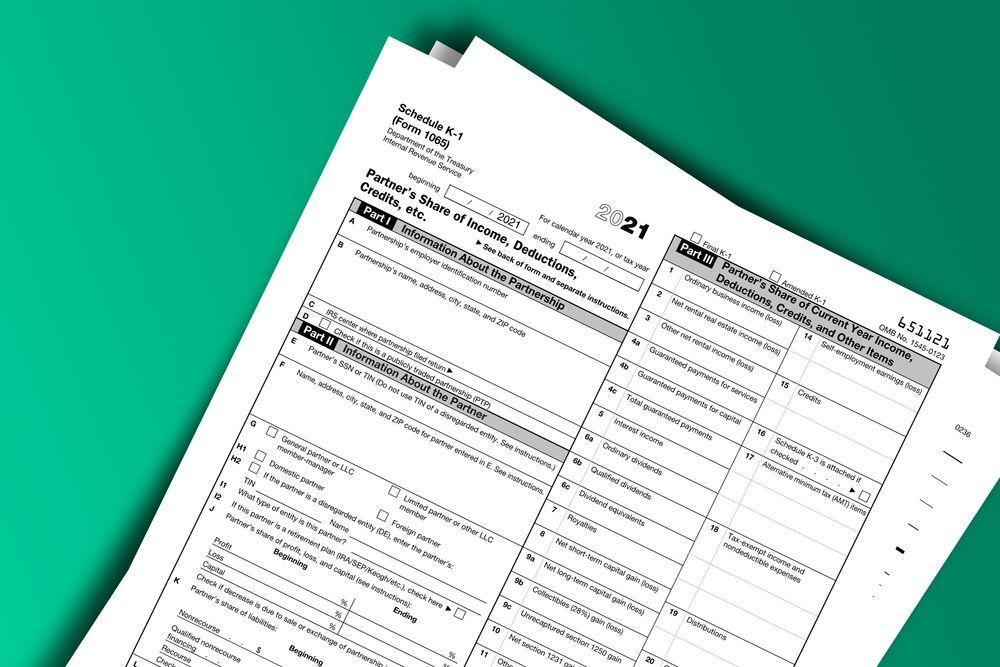 An angled view of a 2021 IRS Form 1065 U.S. Return of Partnership Income against a solid green background.