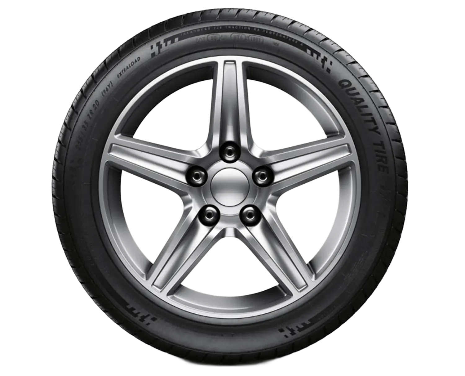 Silver five-spoke car wheel with black tire on a white background