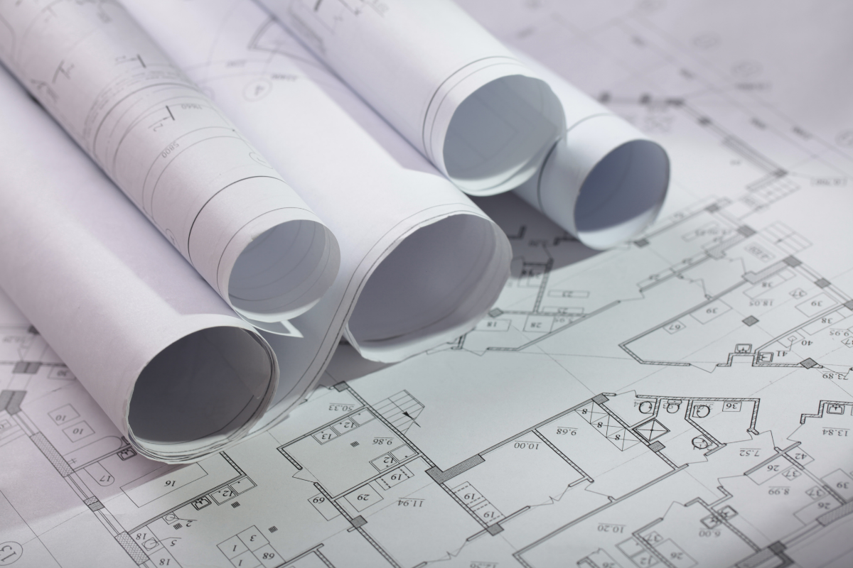 Blueprints, rolled and flat, architectural plans.