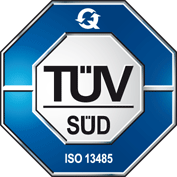 Il marchio di certificazione TÜV SÜD per ISO 13485, caratterizzato da testo bianco su un emblema ottagonale blu e argento.