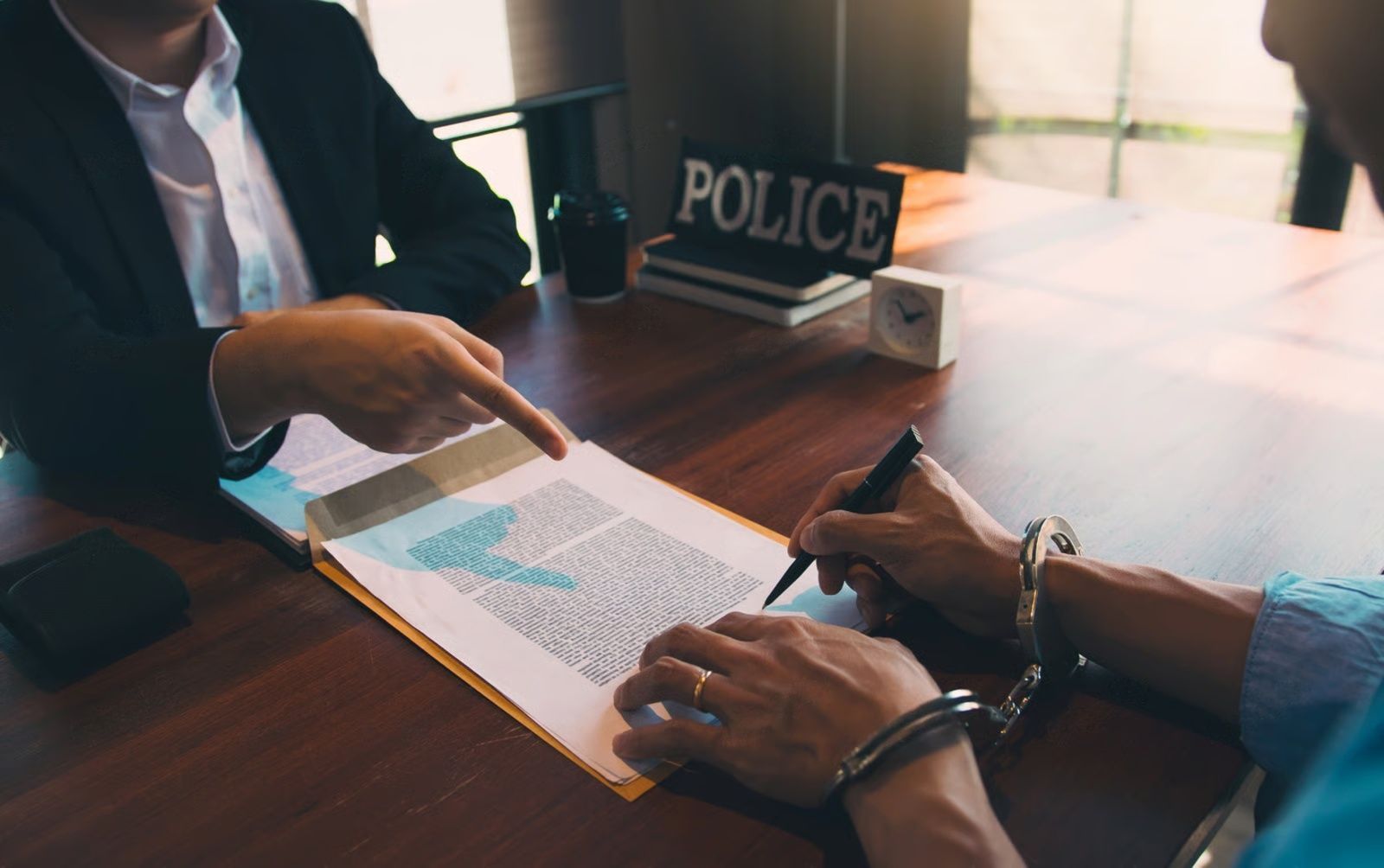 A person in handcuffs signing a document at a police station desk, being directed by another person.