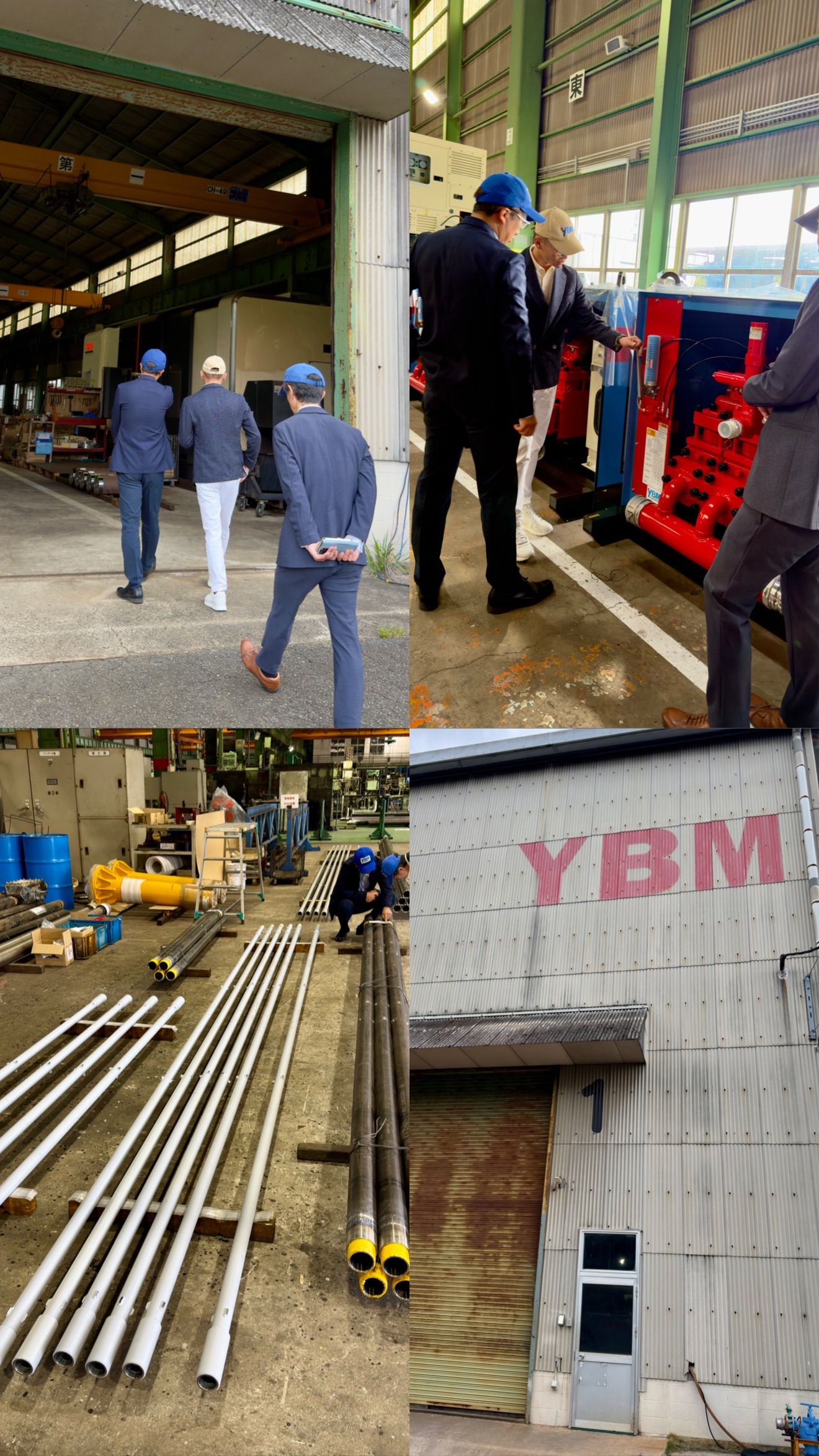 富亨工程參觀 YBM 工廠內部，實地了解日製高壓噴射泵浦與鑽桿設備。