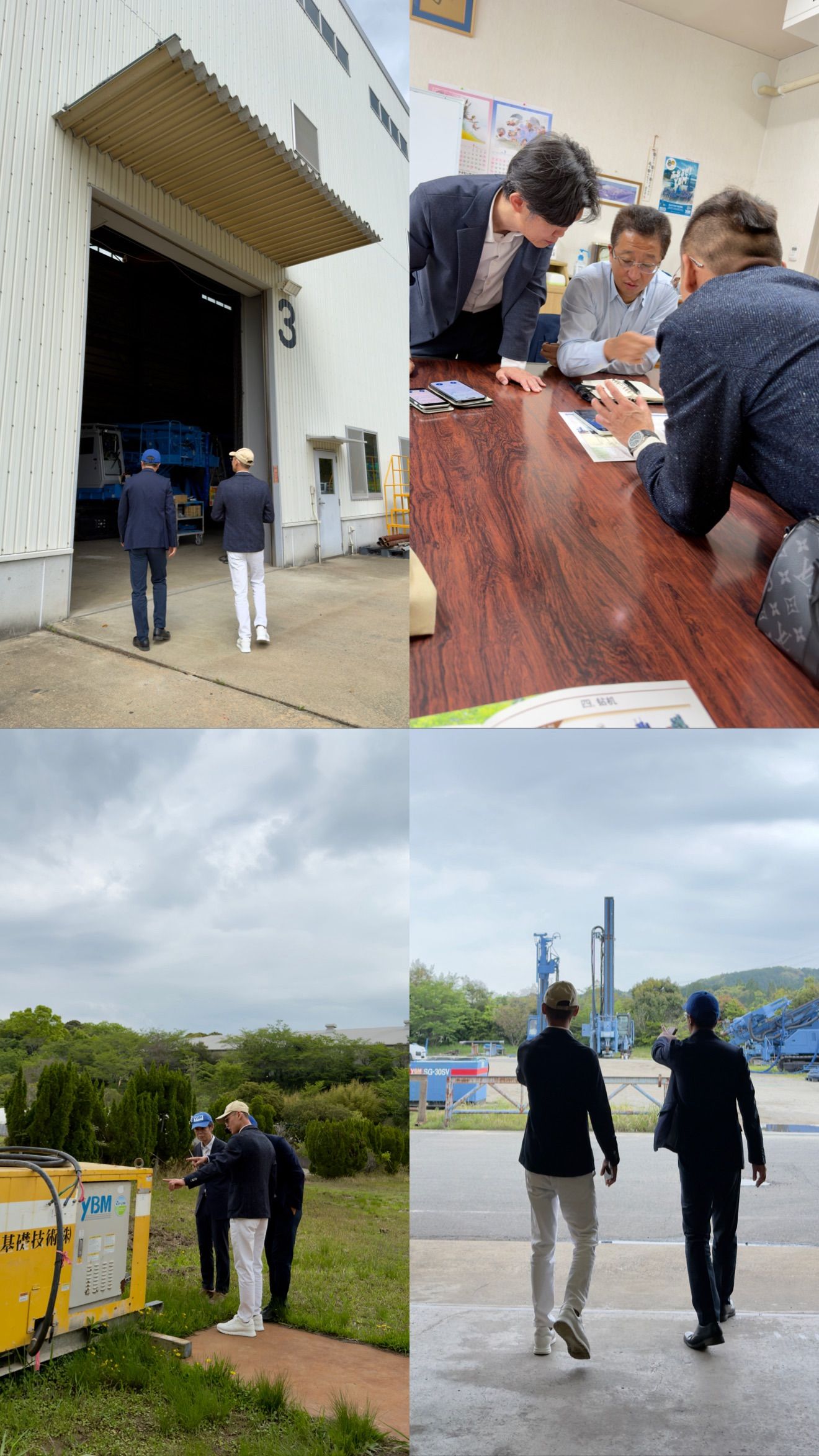 富亨工程團隊赴日拜訪 YBM 進行技術交流，包含會議、戶外參訪與台日國旗並列畫面。