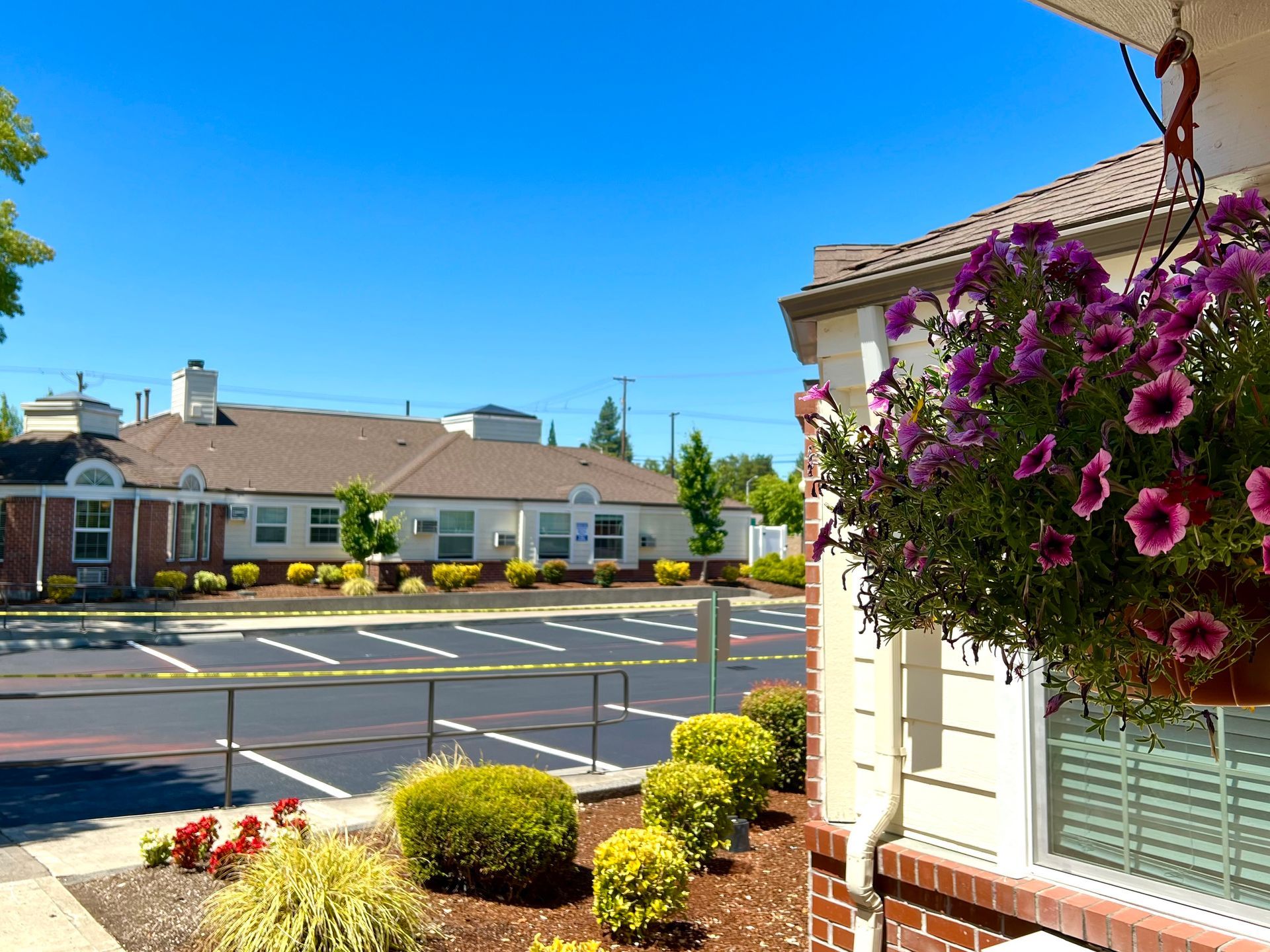 Exterior of building with parking lot, flowers, and blue sky.
