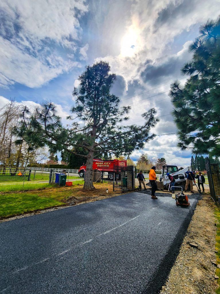 Asphalt paving in progress on a driveway. Workers, equipment, trees, and cloudy sky.