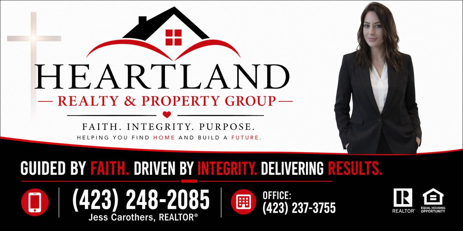 Heartland Realty & Property Group logo with realtor information and photo of realtor