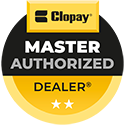 Clopay Master Authorized Dealer badge in black, gold, and white with stars