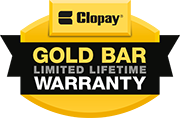 Clopay Gold Bar limited lifetime warranty badge in black, gold, and white