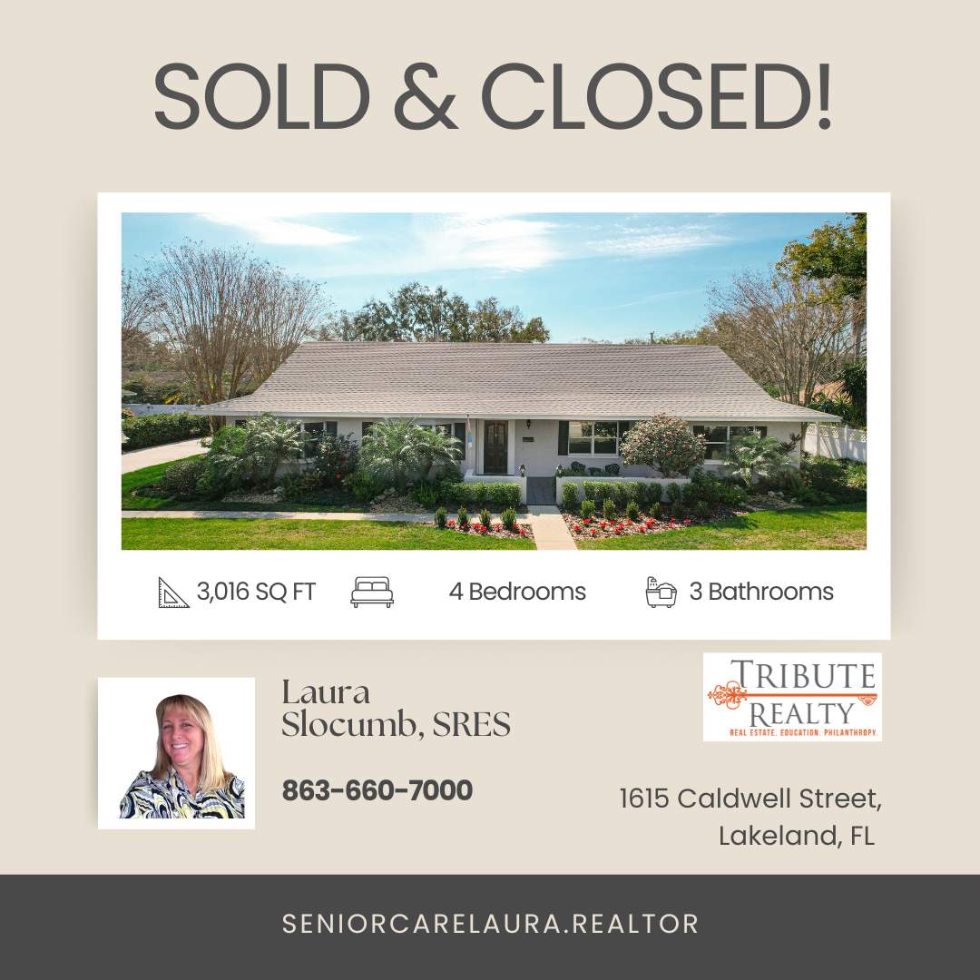Sold & closed real estate ad showing a beige house with listing details and agent contact information