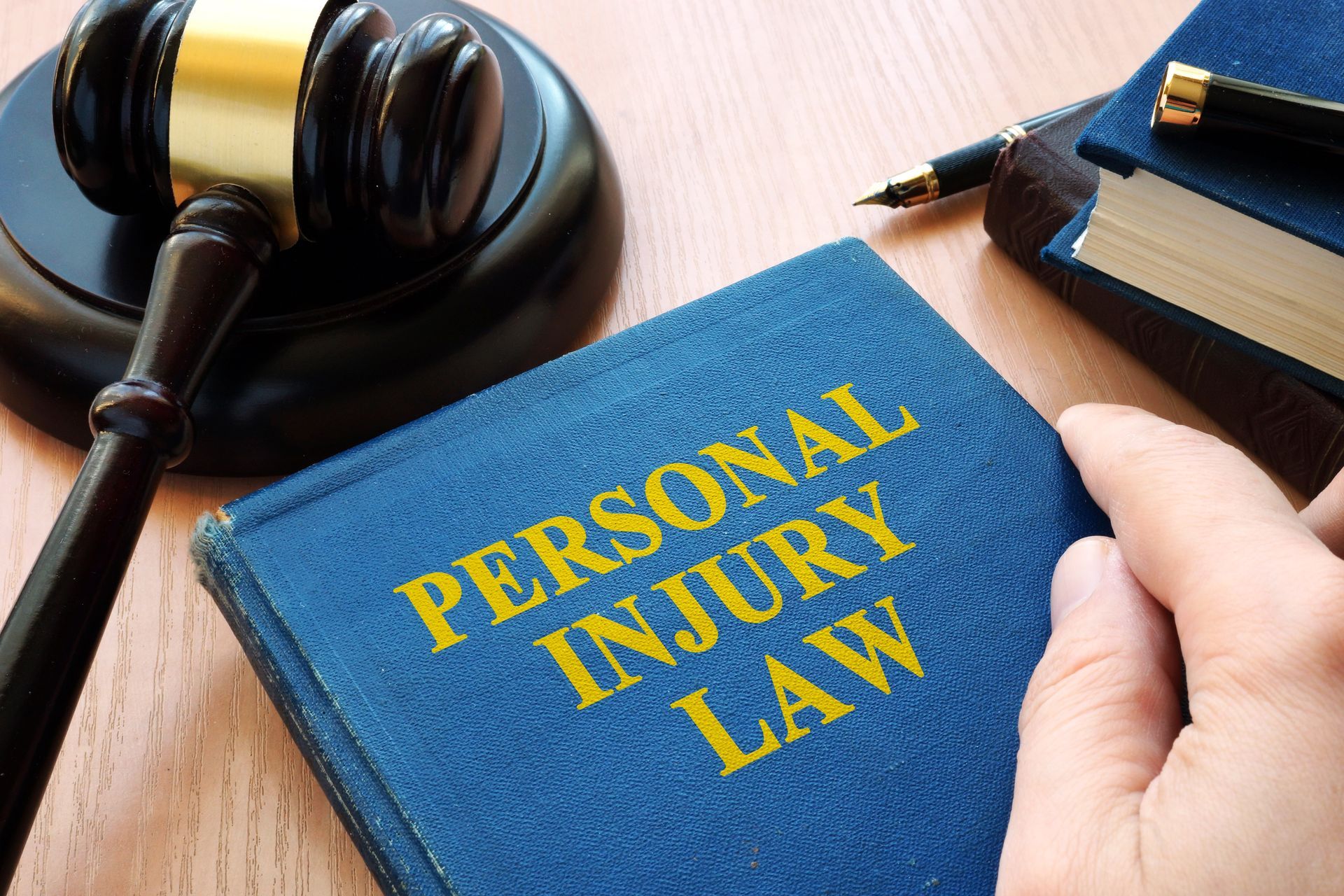 Personal injury law book beside a gavel and pen on a desk