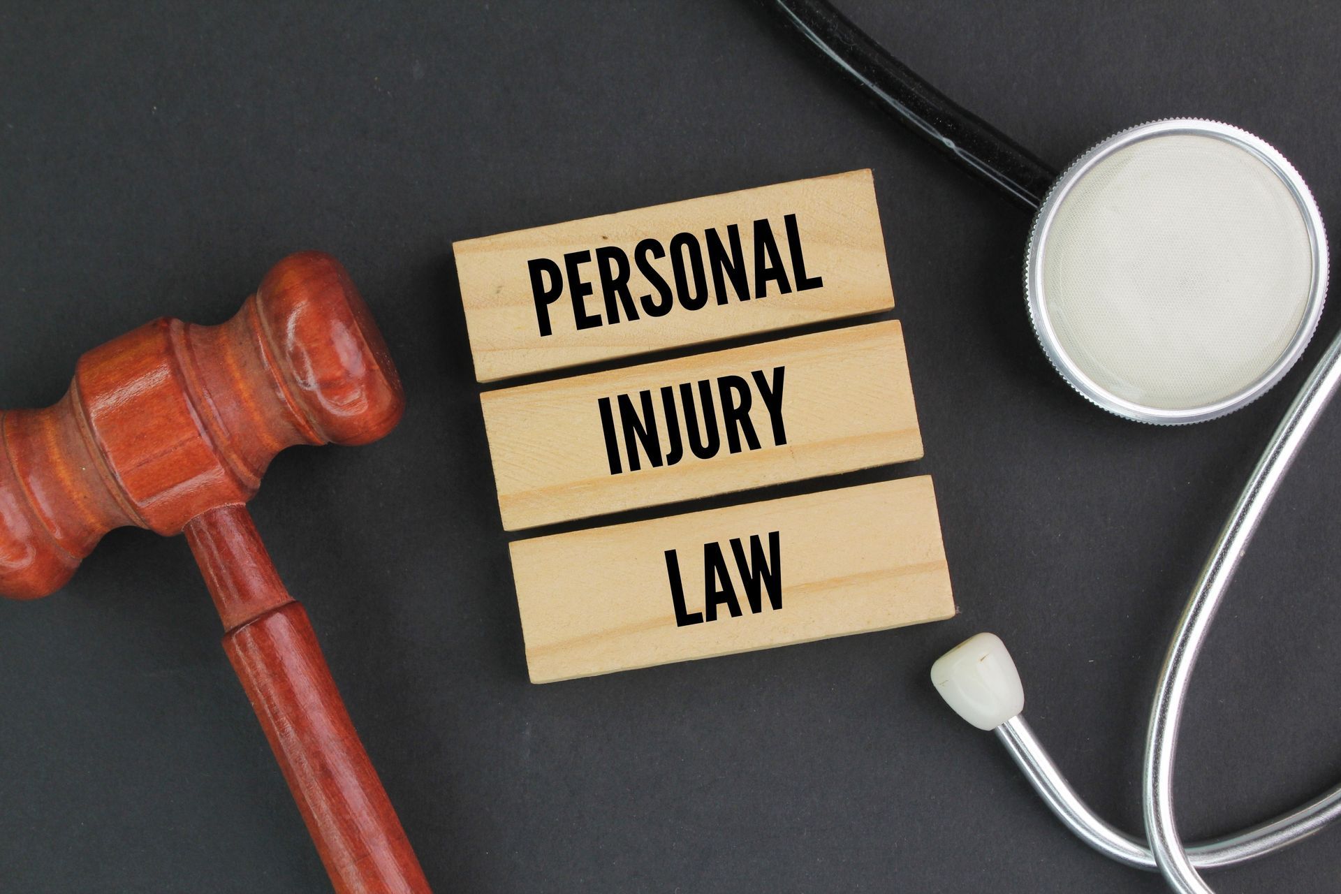 Personal injury law blocks beside a gavel and stethoscope on a dark surface