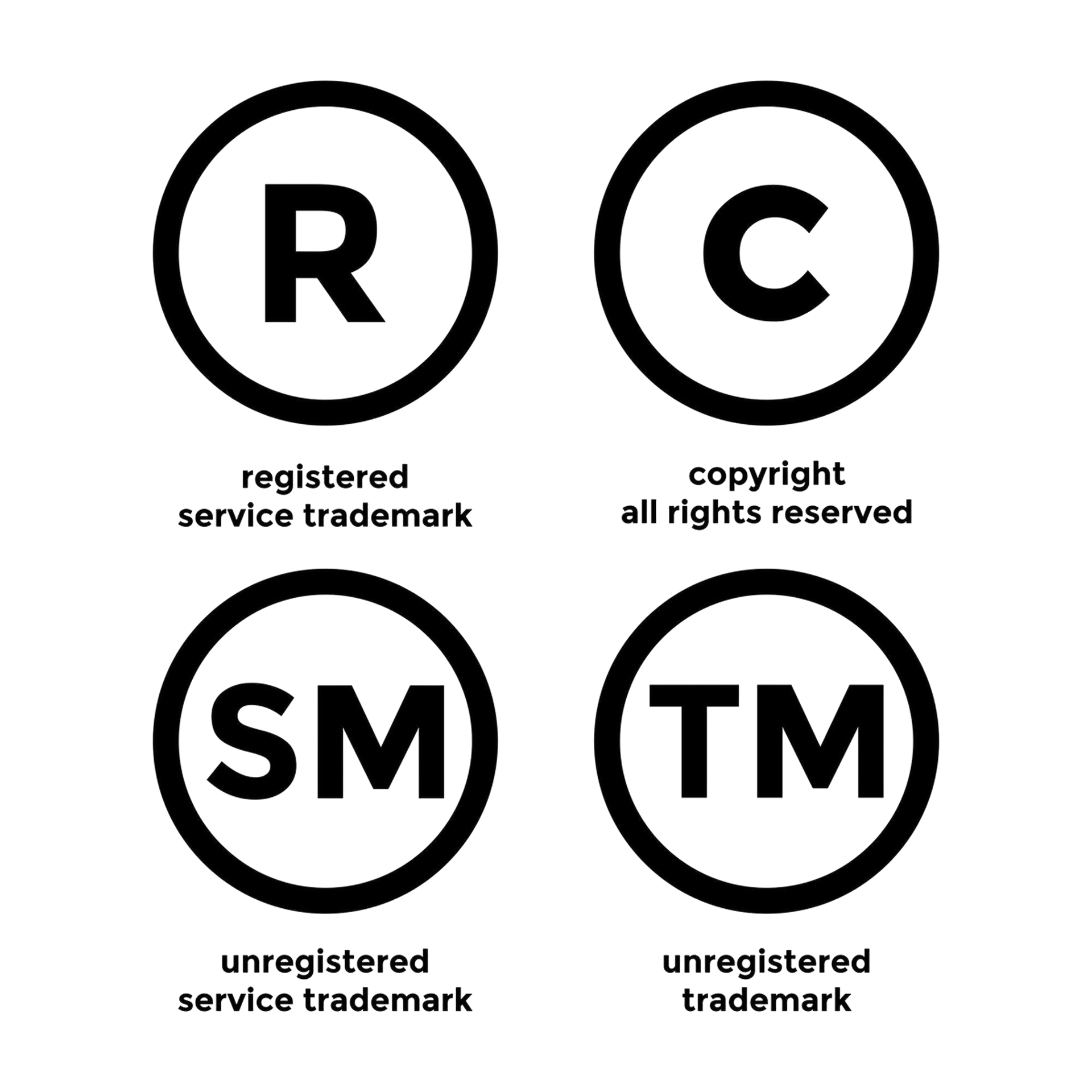 Four black trademark symbols in circles: R, C, SM, and TM, each with labels beneath.