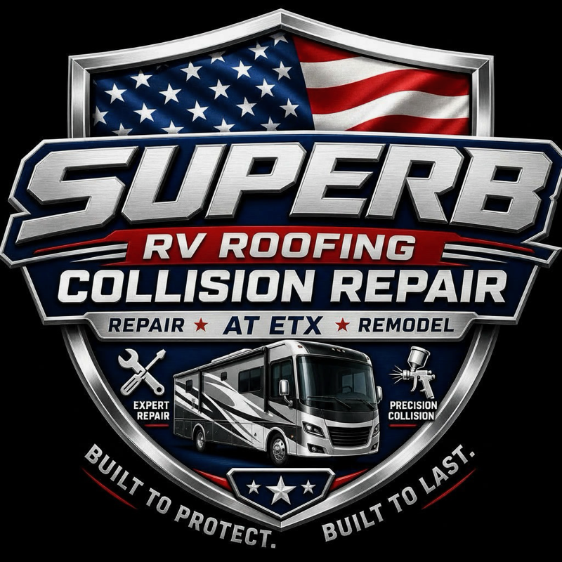 SUPERB RV Roofing Collision Repair logo with American flag, RV graphic, and “Built to Protect. Built to Last.”
