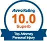 Avvo Rating badge showing 10.0 “Superb” for Top Attorney Personal Injury