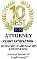 Gold “10 Best” award badge for 2019 with text for attorney client satisfaction and work compensation law division.