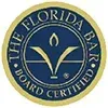 Florida Bar board certified seal in blue and gold with a laurel wreath design