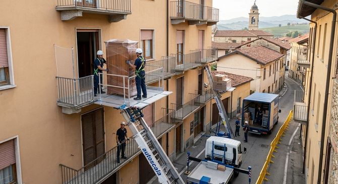 Operai su un balcone utilizzano un carrello elevatore con scala per spostare oggetti lungo una strada stretta tra palazzi.