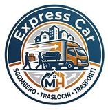 Logo di Express Car in movimento con camion arancione, operai e testo “Sgombero, Traslochi, Trasporti”