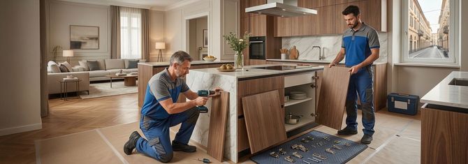 Due operai assemblano mobili da cucina in una luminosa casa moderna in fase di ristrutturazione.