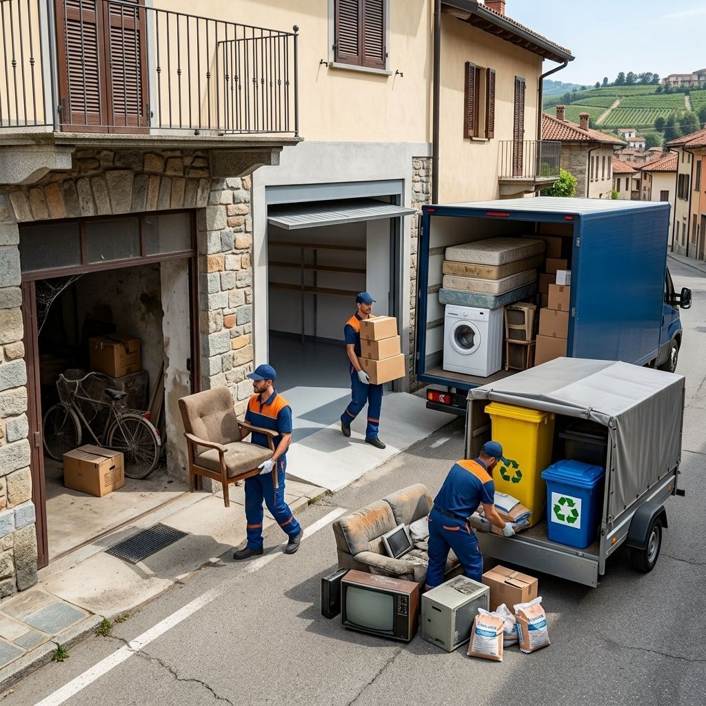 Operai caricano scatole di cartone e contenitori su un camion per traslochi in una strada stretta accanto a case in pietra.